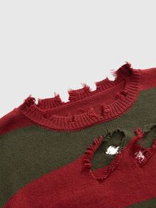 ROMWE Avant Sweater Pullover Pendek Wanita Ukuran Besar dengan Detail Asimetris Bergaris Motif Halloween dan Efek Usang - MultiWarna - View 12