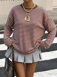 Muchica Casual Retro Y2K Style Pink & Brown Striped Loose Plus Size Long Sleeve T-Shirt, Versatile Design, Suitable For Music Festivals, Parties And Summer Daily Wear - Multicolor - View 3