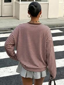 Muchica Casual Retro Y2K Style Pink & Brown Striped Loose Plus Size Long Sleeve T-Shirt, Versatile Design, Suitable For Music Festivals, Parties And Summer Daily Wear - Multicolor - View 2