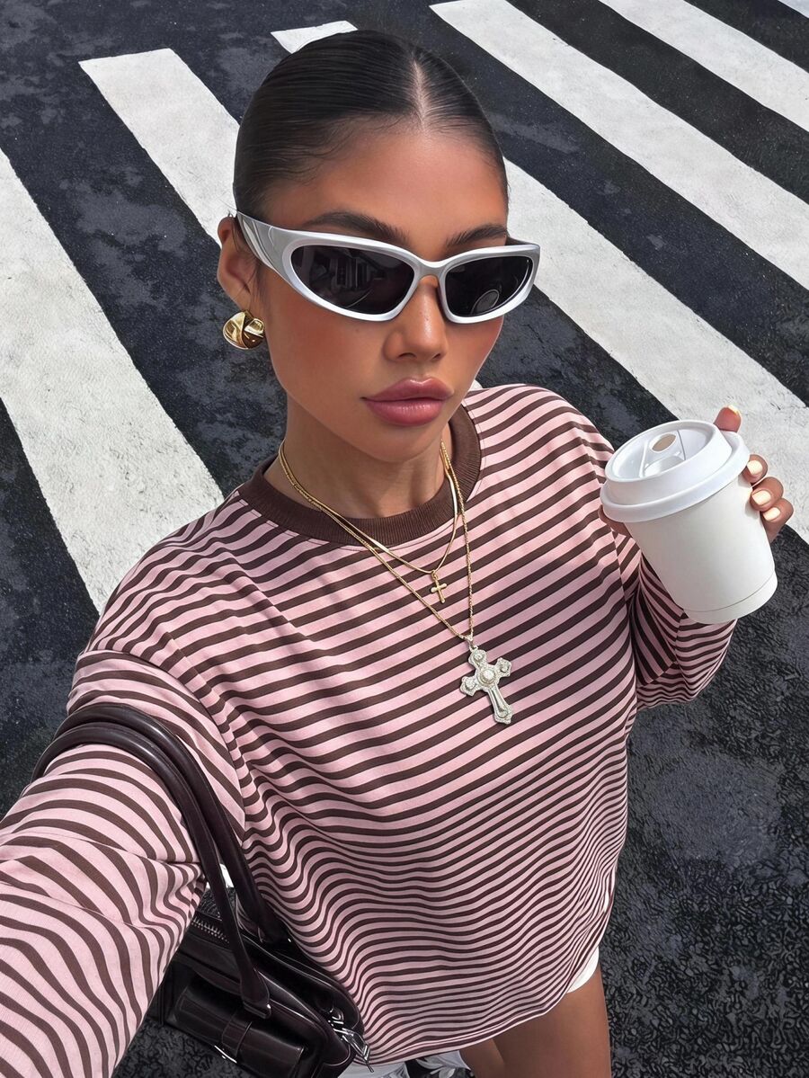 Muchica Casual Retro Y2K Style Pink & Brown Striped Loose Plus Size Long Sleeve T-Shirt, Versatile Design, Suitable For Music Festivals, Parties And Summer Daily Wear - Multicolor - View 1