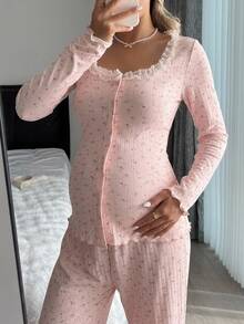 DAZY Floral Loose Fit Large Scoop Neck Long Sleeve Button-Front Top With Pleated Ruffle Straight Leg Pants Casual Home Daily Spring Autumn Maternity 2 Pieces Set - Pink - View 3
