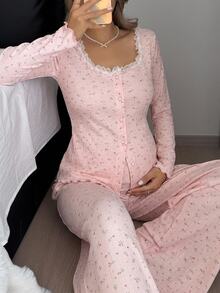 DAZY Floral Loose Fit Large Scoop Neck Long Sleeve Button-Front Top With Pleated Ruffle Straight Leg Pants Casual Home Daily Spring Autumn Maternity 2 Pieces Set - Pink - View 7
