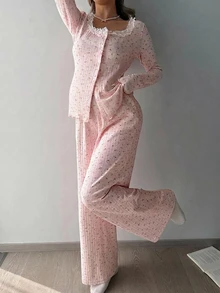 DAZY Floral Loose Fit Large Scoop Neck Long Sleeve Button-Front Top With Pleated Ruffle Straight Leg Pants Casual Home Daily Spring Autumn Maternity 2 Pieces Set - Pink - View 8