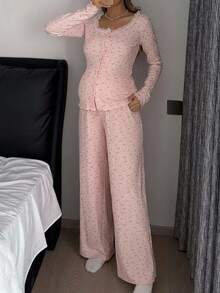 DAZY Floral Loose Fit Large Scoop Neck Long Sleeve Button-Front Top With Pleated Ruffle Straight Leg Pants Casual Home Daily Spring Autumn Maternity 2 Pieces Set - Pink - View 4
