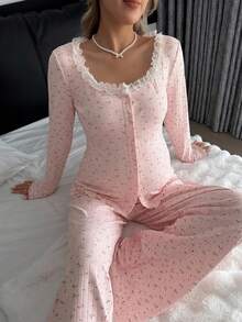 DAZY Floral Loose Fit Large Scoop Neck Long Sleeve Button-Front Top With Pleated Ruffle Straight Leg Pants Casual Home Daily Spring Autumn Maternity 2 Pieces Set - Pink - View 1