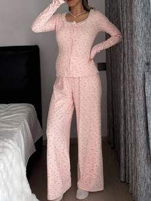DAZY Floral Loose Fit Large Scoop Neck Long Sleeve Button-Front Top With Pleated Ruffle Straight Leg Pants Casual Home Daily Spring Autumn Maternity 2 Pieces Set - Pink - View 6