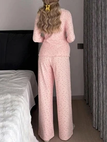DAZY Floral Loose Fit Large Scoop Neck Long Sleeve Button-Front Top With Pleated Ruffle Straight Leg Pants Casual Home Daily Spring Autumn Maternity 2 Pieces Set - Pink - View 2