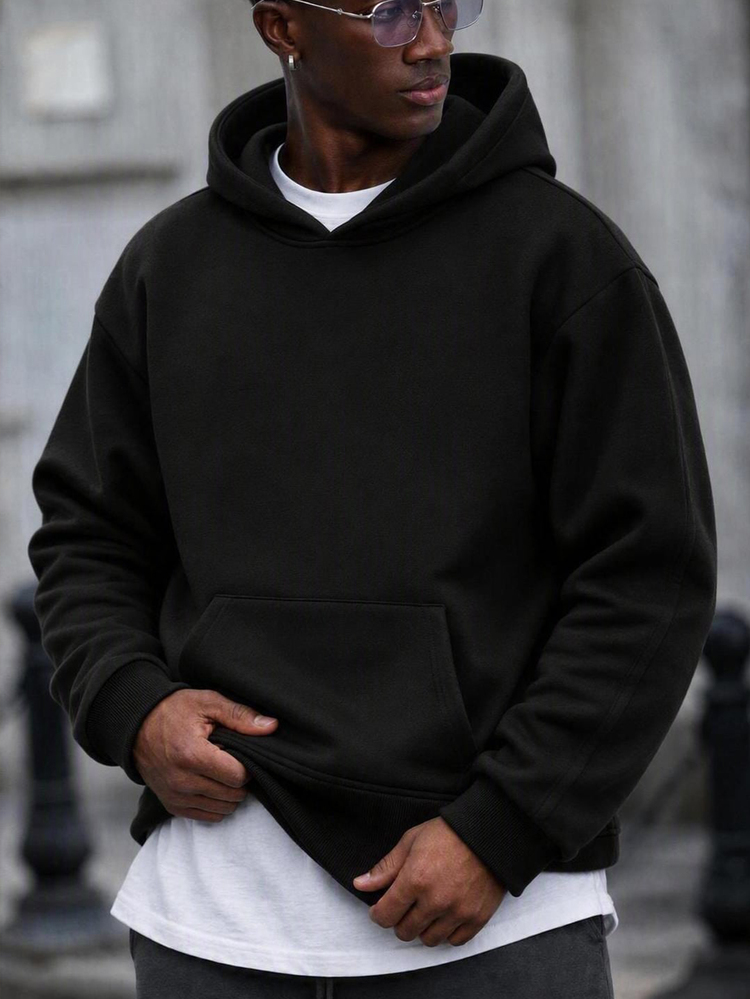 Mainfolk Hoodie Pria Lengan Panjang dengan Saku Warna Hitam Airport untuk Musim Gugur, Streetwear Basic, Bahan Fleece, Sweatshirt Hoodie Kasual, Hoodie Grafis Print, Hoodie Oversized - Hitam - View 1
