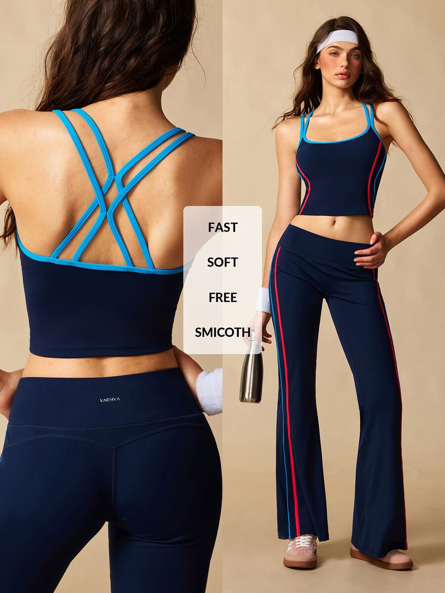 VARSIVA Women's Side Stripe Camisole Top And Flare Leggings Sports Activewear Set