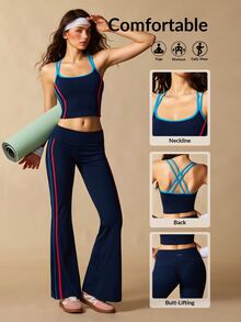 VARSIVA Women's Side Stripe Camisole Top And Flare Leggings Sports Activewear Set - Multicolor - View 5