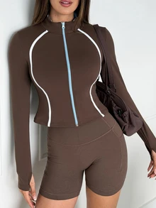 Dewbera Dewbera Y2K Style Slim Fit Fleece Lined Sports Jacket - Coffee Brown - View 4