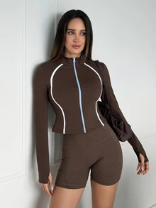 Dewbera Dewbera Y2K Style Slim Fit Fleece Lined Sports Jacket - Coffee Brown - View 7