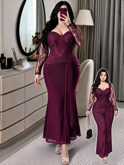 Feyla Plus Size Women's Contrast Lace Sweetheart Neckline Long Sleeve Knot Design Elegant Dress