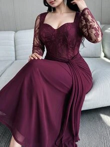Feyla Plus Size Women's Contrast Lace Sweetheart Neckline Long Sleeve Knot Design Elegant Dress - Burgundy - View 4