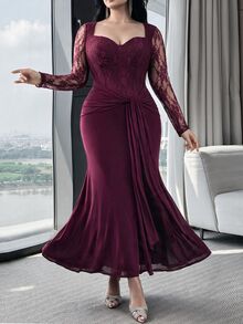 Feyla Plus Size Women's Contrast Lace Sweetheart Neckline Long Sleeve Knot Design Elegant Dress - Burgundy - View 6