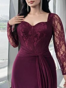 Feyla Plus Size Women's Contrast Lace Sweetheart Neckline Long Sleeve Knot Design Elegant Dress - Burgundy - View 3