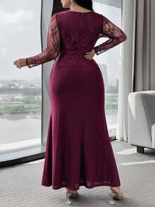 Feyla Plus Size Women's Contrast Lace Sweetheart Neckline Long Sleeve Knot Design Elegant Dress - Burgundy - View 2