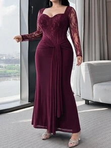 Feyla Plus Size Women's Contrast Lace Sweetheart Neckline Long Sleeve Knot Design Elegant Dress - Burgundy - View 5