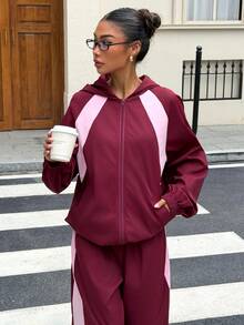 Muchica Women's Autumn New Burgundy Color Block Casual Loose Open Front Zipper Hooded Jacket & Pants Set - Multicolor - View 4