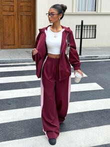 Muchica Women's Autumn New Burgundy Color Block Casual Loose Open Front Zipper Hooded Jacket & Pants Set - Multicolor - View 6