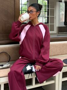 Muchica Women's Autumn New Burgundy Color Block Casual Loose Open Front Zipper Hooded Jacket & Pants Set - Multicolor - View 3