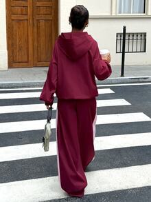 Muchica Women's Autumn New Burgundy Color Block Casual Loose Open Front Zipper Hooded Jacket & Pants Set - Multicolor - View 2