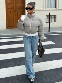 Muchica 女款黑白格紋立領拉鍊休閒日常穿著冬季加厚外套，適合外出、街頭風、Y2K - 棕色 - 查看 6