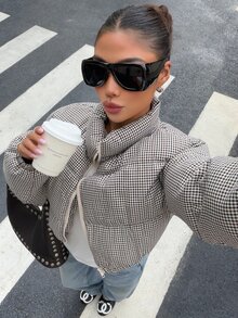 Muchica 女款黑白格紋立領拉鍊休閒日常穿著冬季加厚外套，適合外出、街頭風、Y2K - 棕色 - 查看 2