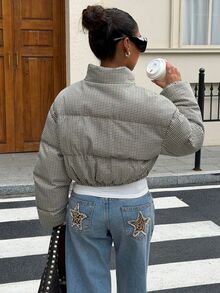 Muchica 女款黑白格紋立領拉鍊休閒日常穿著冬季加厚外套，適合外出、街頭風、Y2K - 棕色 - 查看 3