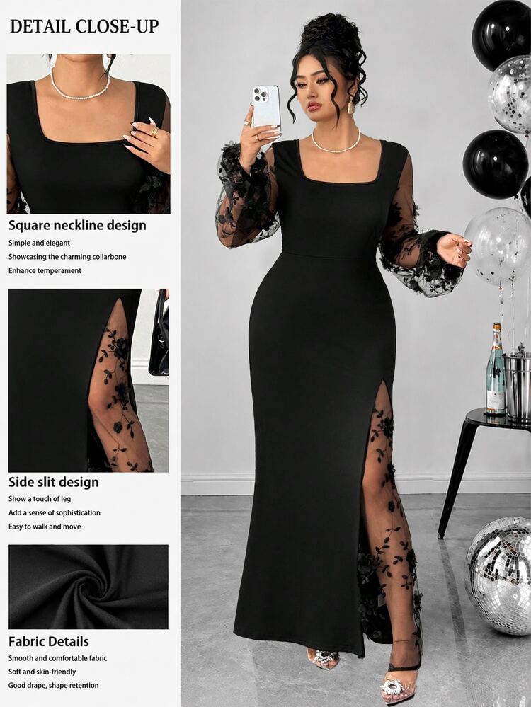 Elenzga Plus Size Women's Square Neck Stretch Tights Black Velvet With Metallic Lace And Glitter Sequins, Luxurious, Party Essential, Long Sleeves, Slit Hem, Above The Knee, Autumn And Winter, Elegant, Party Style, Long Lace Dress - Black - View 3