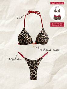 Elavelle Women's Multicolor Animal Print Halter Thong Bikini With Tie Back Details - Multicolor - View 2