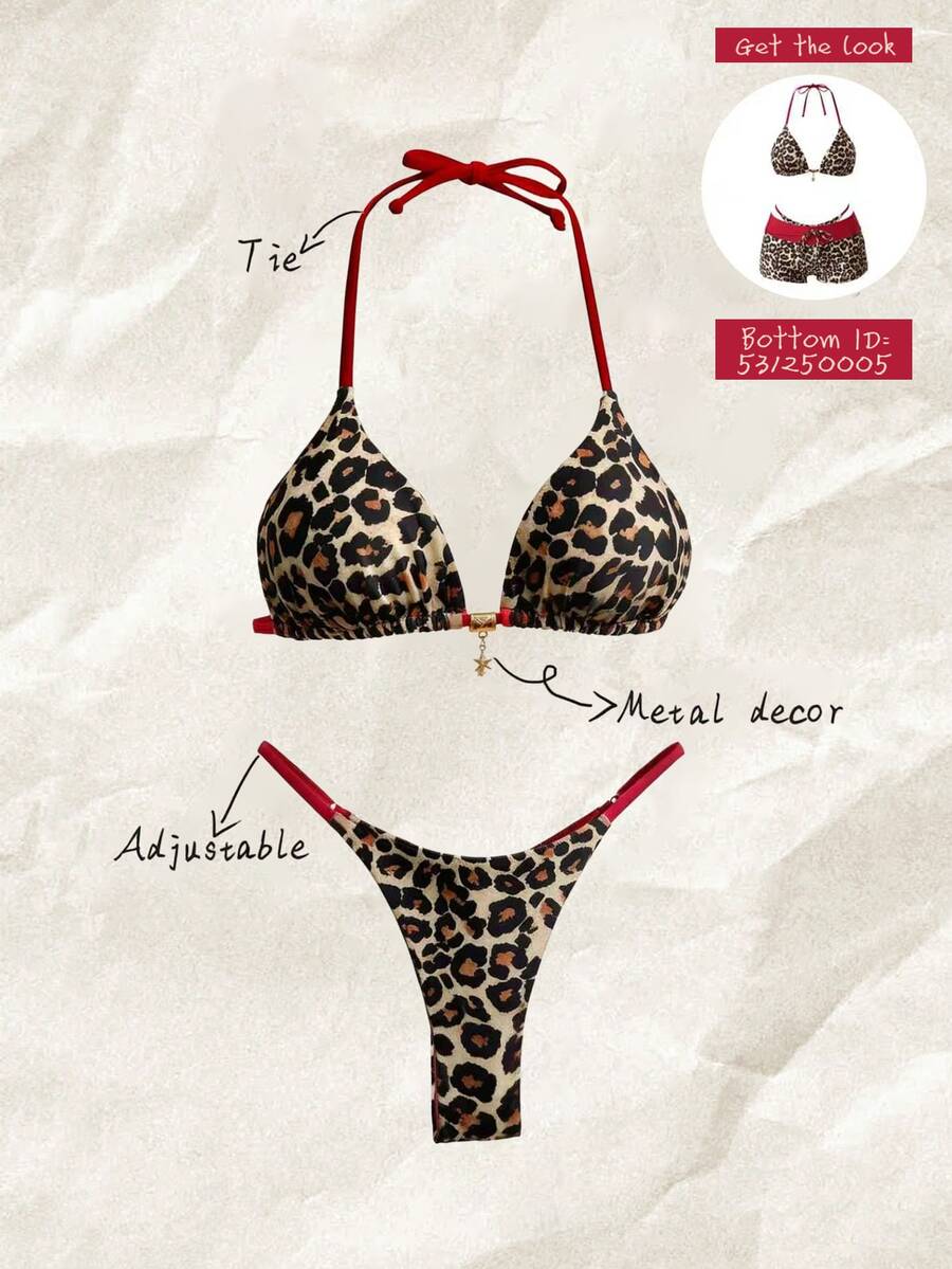 Elavelle Women's Multicolor Animal Print Halter Thong Bikini With Tie Back Details