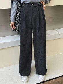 DAZY Celana Panjang Corduroy Model Lebar dengan Saku untuk Wanita, Musim Gugur dan Musim Dingin - Grey - View 5