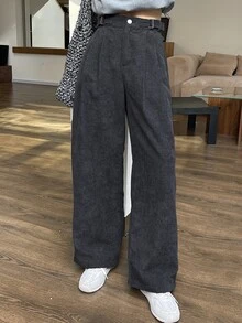 DAZY Celana Panjang Corduroy Model Lebar dengan Saku untuk Wanita, Musim Gugur dan Musim Dingin - Grey - View 1
