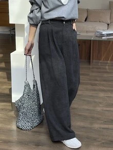 DAZY Celana Panjang Corduroy Model Lebar dengan Saku untuk Wanita, Musim Gugur dan Musim Dingin - Grey - View 3