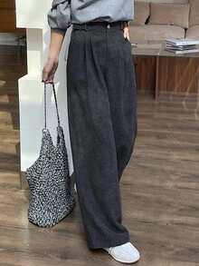 DAZY Celana Panjang Corduroy Model Lebar dengan Saku untuk Wanita, Musim Gugur dan Musim Dingin - Grey - View 4