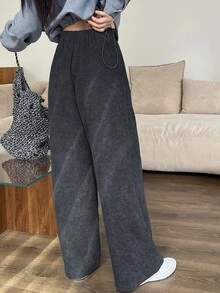 DAZY Celana Panjang Corduroy Model Lebar dengan Saku untuk Wanita, Musim Gugur dan Musim Dingin - Grey - View 2