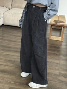 DAZY Celana Panjang Corduroy Model Lebar dengan Saku untuk Wanita, Musim Gugur dan Musim Dingin - Grey - View 8