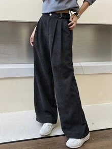 DAZY Celana Panjang Corduroy Model Lebar dengan Saku untuk Wanita, Musim Gugur dan Musim Dingin - Grey - View 6