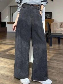DAZY Celana Panjang Corduroy Model Lebar dengan Saku untuk Wanita, Musim Gugur dan Musim Dingin - Grey - View 7