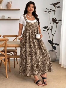 Enliva Plus Size Sleeveless Leopard Print Strap Dress - Apricot - View 7