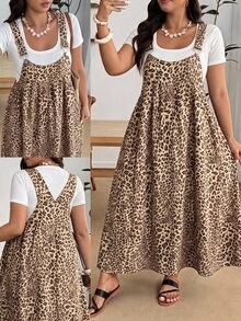 Enliva Plus Size Sleeveless Leopard Print Strap Dress - Apricot - View 9