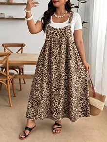 Enliva Plus Size Sleeveless Leopard Print Strap Dress - Apricot - View 4