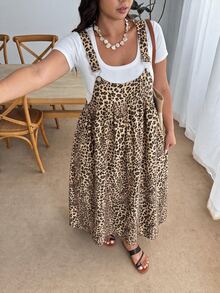 Enliva Plus Size Sleeveless Leopard Print Strap Dress - Apricot - View 8