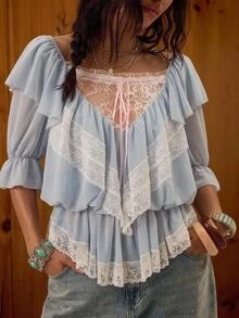 Easelle Blus Wanita Model Vintage Cottagecore Romantis Bohemian dengan Hiasan Renda dan Patchwork yang Mengencangkan Pinggang, Cocok untuk Acara Brunch, Pesta Teh, Liburan, dan Musim Panas Warna Biru dan Putih - Biru - View 1