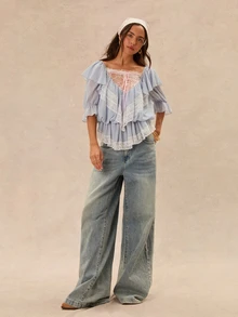 Easelle Blus Wanita Model Vintage Cottagecore Romantis Bohemian dengan Hiasan Renda dan Patchwork yang Mengencangkan Pinggang, Cocok untuk Acara Brunch, Pesta Teh, Liburan, dan Musim Panas Warna Biru dan Putih - Biru - View 3