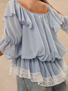 Easelle Blus Wanita Model Vintage Cottagecore Romantis Bohemian dengan Hiasan Renda dan Patchwork yang Mengencangkan Pinggang, Cocok untuk Acara Brunch, Pesta Teh, Liburan, dan Musim Panas Warna Biru dan Putih - Biru - View 2