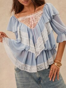 Easelle Blus Wanita Model Vintage Cottagecore Romantis Bohemian dengan Hiasan Renda dan Patchwork yang Mengencangkan Pinggang, Cocok untuk Acara Brunch, Pesta Teh, Liburan, dan Musim Panas Warna Biru dan Putih - Biru - View 7