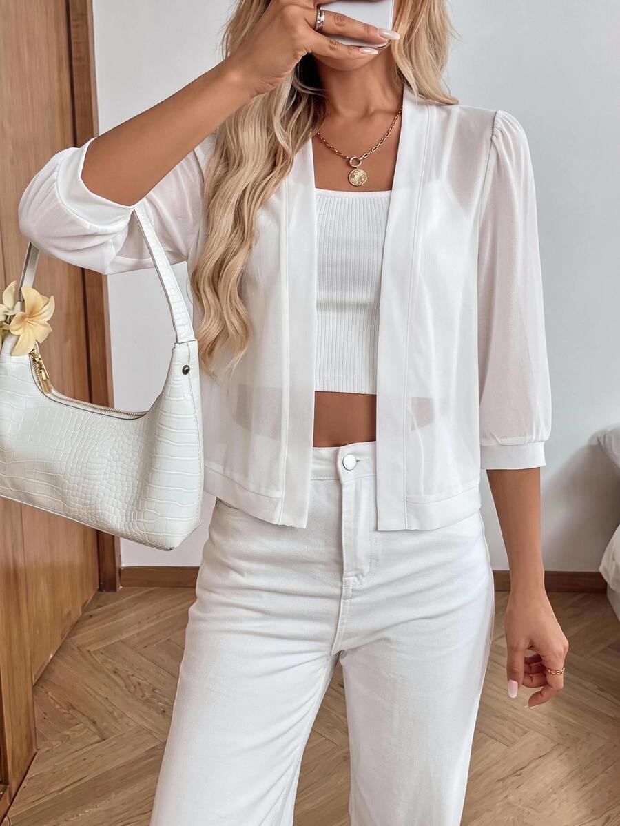 Easowa Solid Open Front Jacket InFall Winter ,Casual Elegant Everyday Travel White - White - View 1