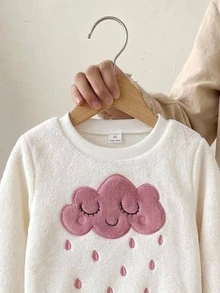SHEIN Young Girl Young Girls Young Girl Comfortable Cloud Pattern Fashionable Long Sleeve Fleece Pants Set Fall/Winter Outfits - Baby Pink - View 4